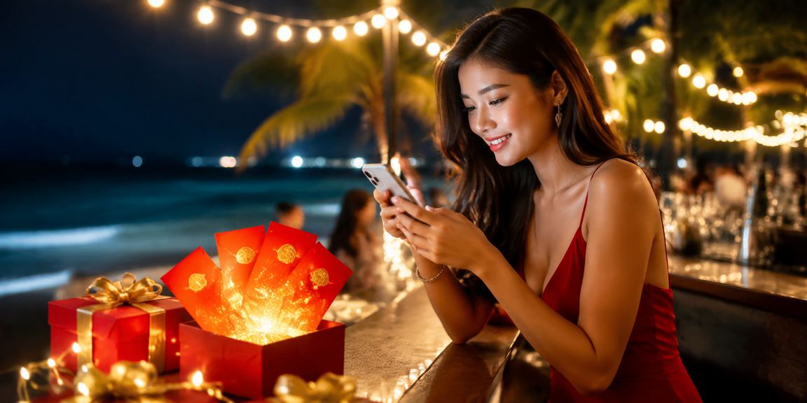 Người dùng tại bãi biển Phú Quốc mở phong bì đỏ nhận thưởng từ nền tảng cược trực tuyến